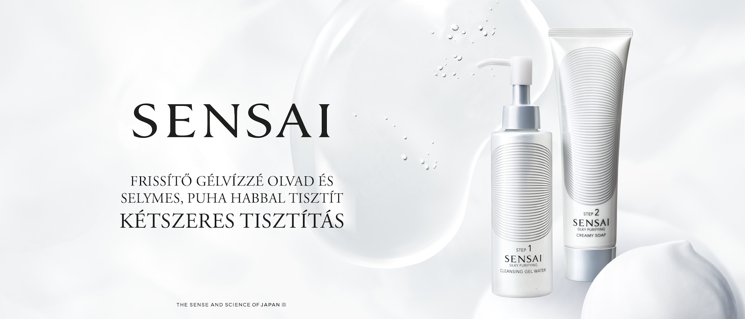 A Sensai termékcsalád reklámja, amelyen egy arctisztító gél és egy krémes szappan látható fehér csomagolásban, ezüst részletekkel, a "Kétszeres tisztítás" szlogennel.