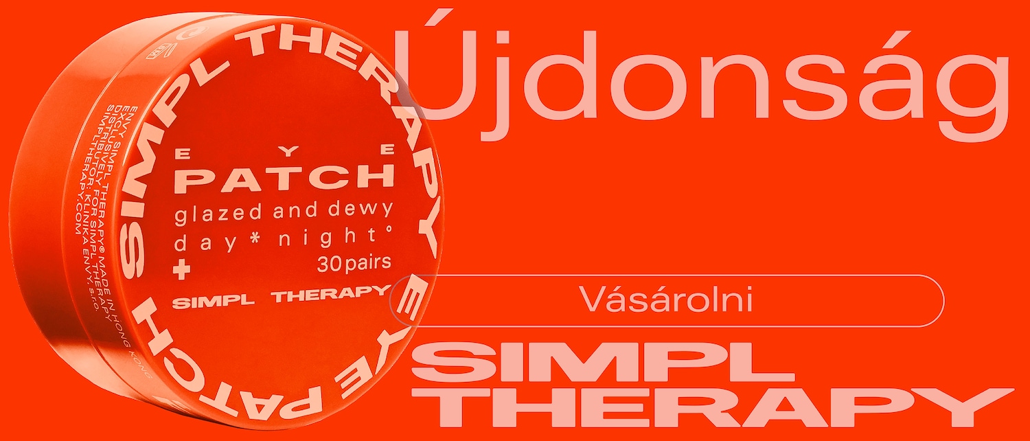Narancssárga háttér előtt a SIMPL THERAPY szemtapasz kerek tégelye látható, mely 30 pár nappali és éjszakai használatra szánt, üveges és harmatos hatású tapaszt tartalmaz.