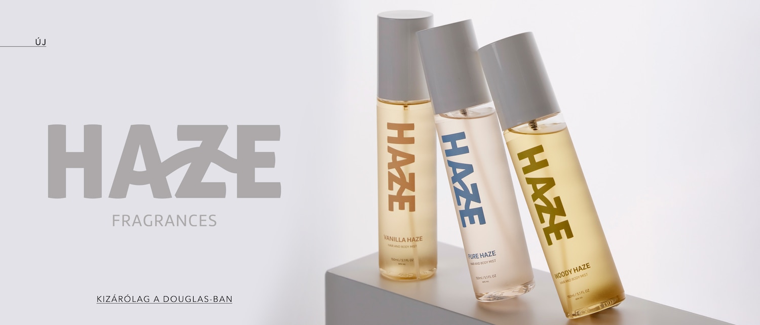 Három Haze illat, köztük a Vanilla Haze, a Pure Haze és a Woody Haze látható, mindegyik 150 ml-es, és kizárólag a Douglas-ban kapható.