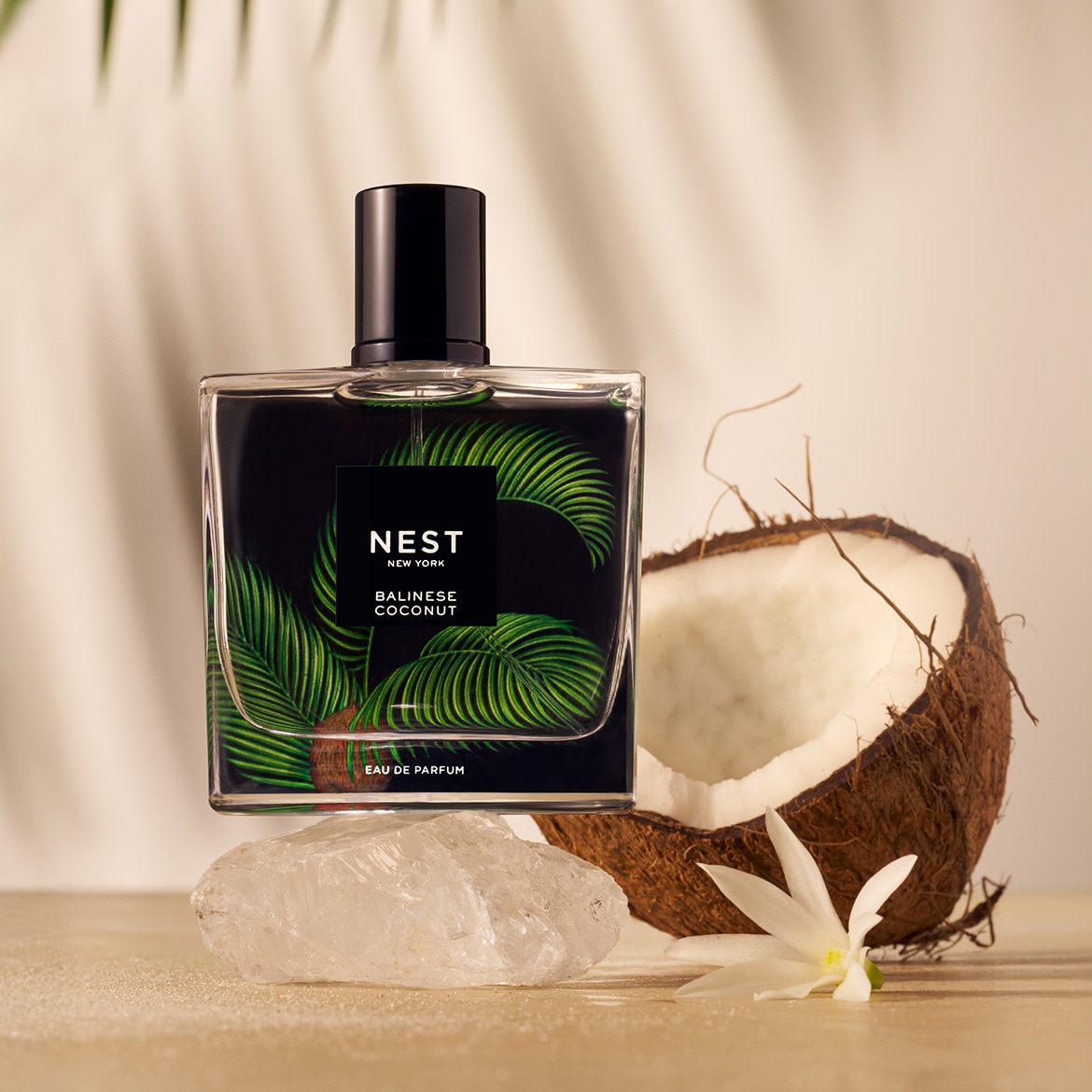 A Nest New York Balinese Coconut Eau de Parfum üvegének képe, amely egy kókuszdió mellett áll, trópusi hangulatot árasztva.