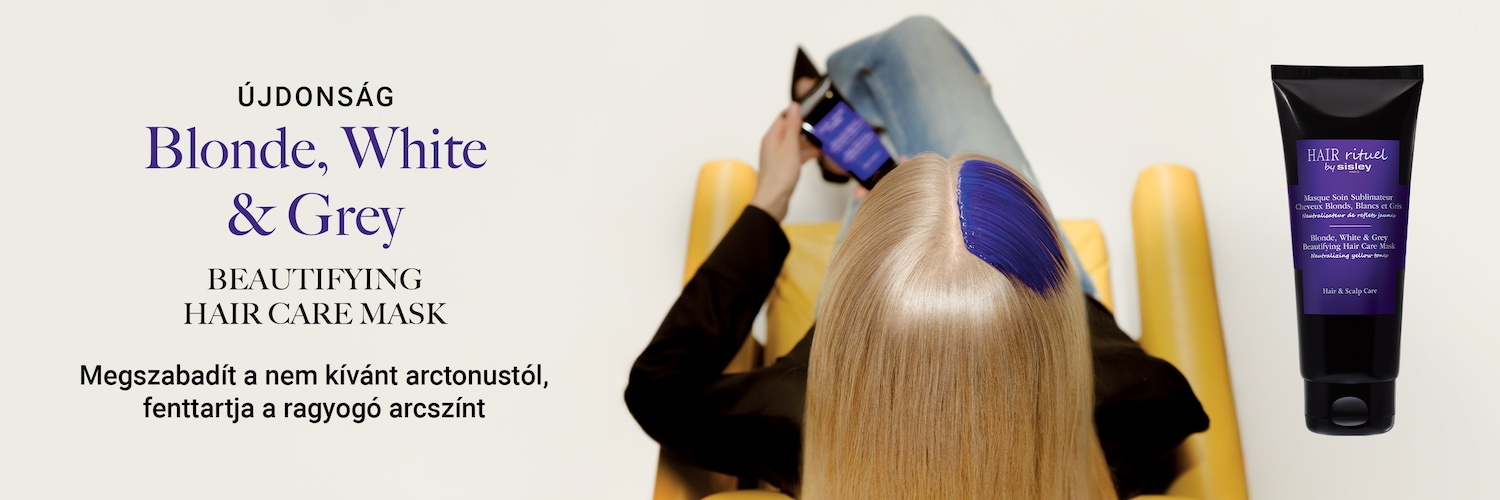 A szőke, fehér és ősz hajra való szépítő hajápoló maszkot reklámozza a kép, amely megszünteti a nem kívánt sárga tónusokat, és megőrzi a ragyogó arcszínt.