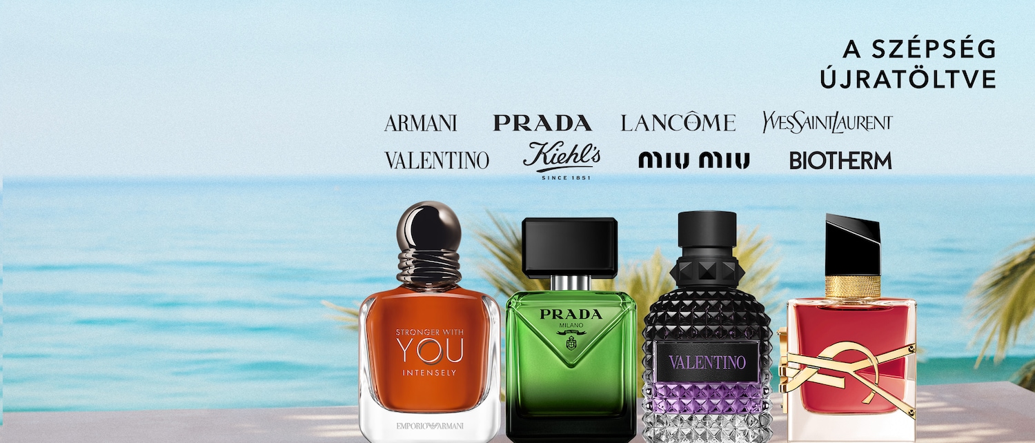 A "A SZÉPSÉG ÚJRATÖLTVE" felirat és a márkák logói, mint az Armani, Prada, Lancôme, Yves Saint Laurent, Valentino, Kiehl's, Miu Miu és Biotherm, egy tengerparti háttér előtt láthatók, négy különböző parfümös üveg társaságában.