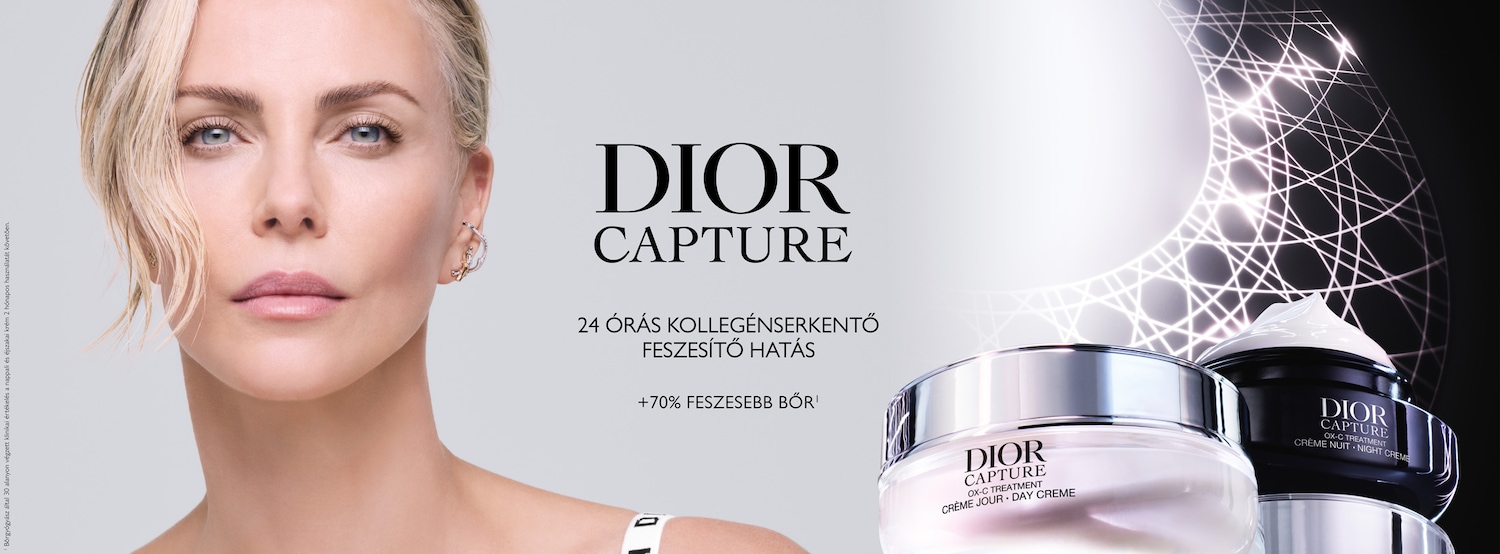 A Dior Capture krém reklámja, melynek középpontjában egy szőke nő áll, a termék 24 órás kollagénserkentő és feszesítő hatást ígér, +70%-kal feszesebb bőrt eredményezve.