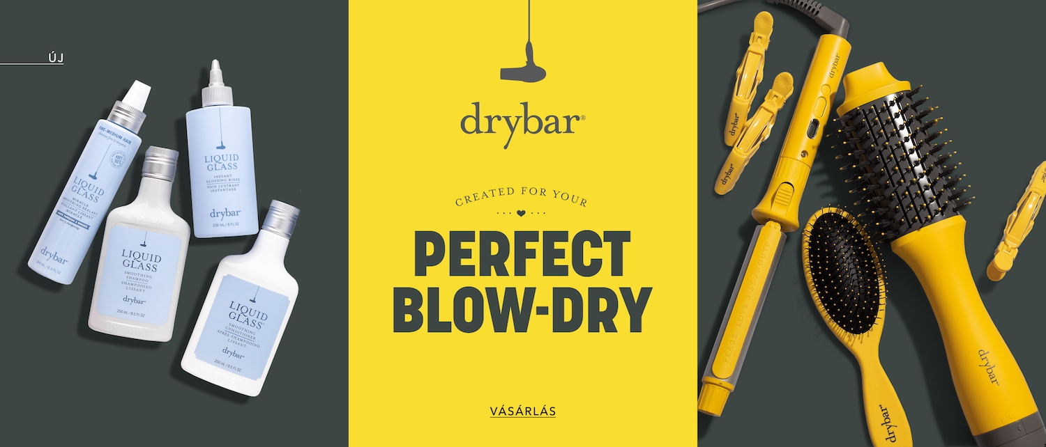 A Drybar Liquid Glass termékcsaládja: sampon, balzsam, fényesítő és tömítő, világoskék és fehér csomagolásban, a sima és fényes hajért.