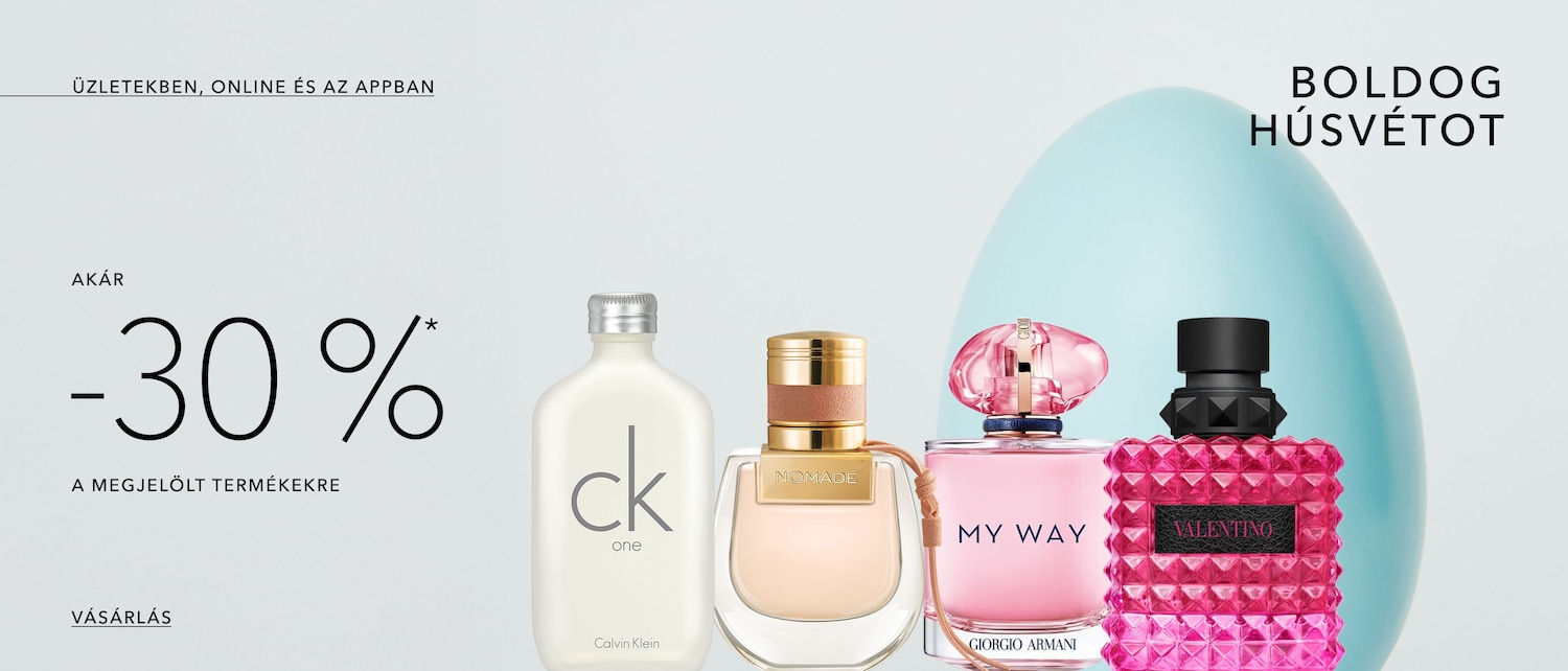 Élvezze az akár -30%-os kedvezményt az üzletekben, online és az appban a megjelölt termékekre, köztük a CK One fehér üvegben, a Nomade bézs üvegben arany kupakkal, a My Way rózsaszín üvegben és a Valentino pink, texturált üvegben. Vásároljon most!