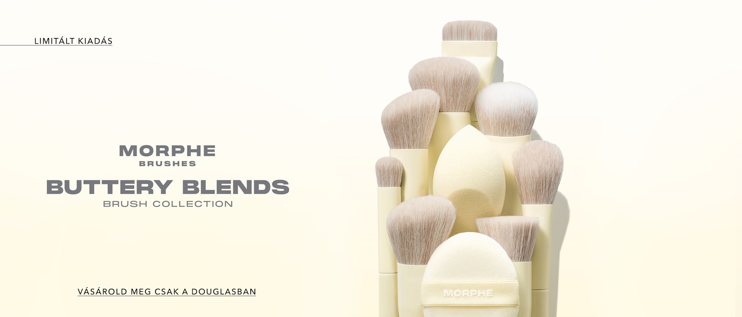 A Morphe márka reklámja, amelyen különböző arcok láthatók, kiemelve a sminket, a szájfényt és a szemhéjfestéket, a szöveg pedig azt mondja, hogy "Újdonság" és "A feldolgozás mestere", fedezd fel most!