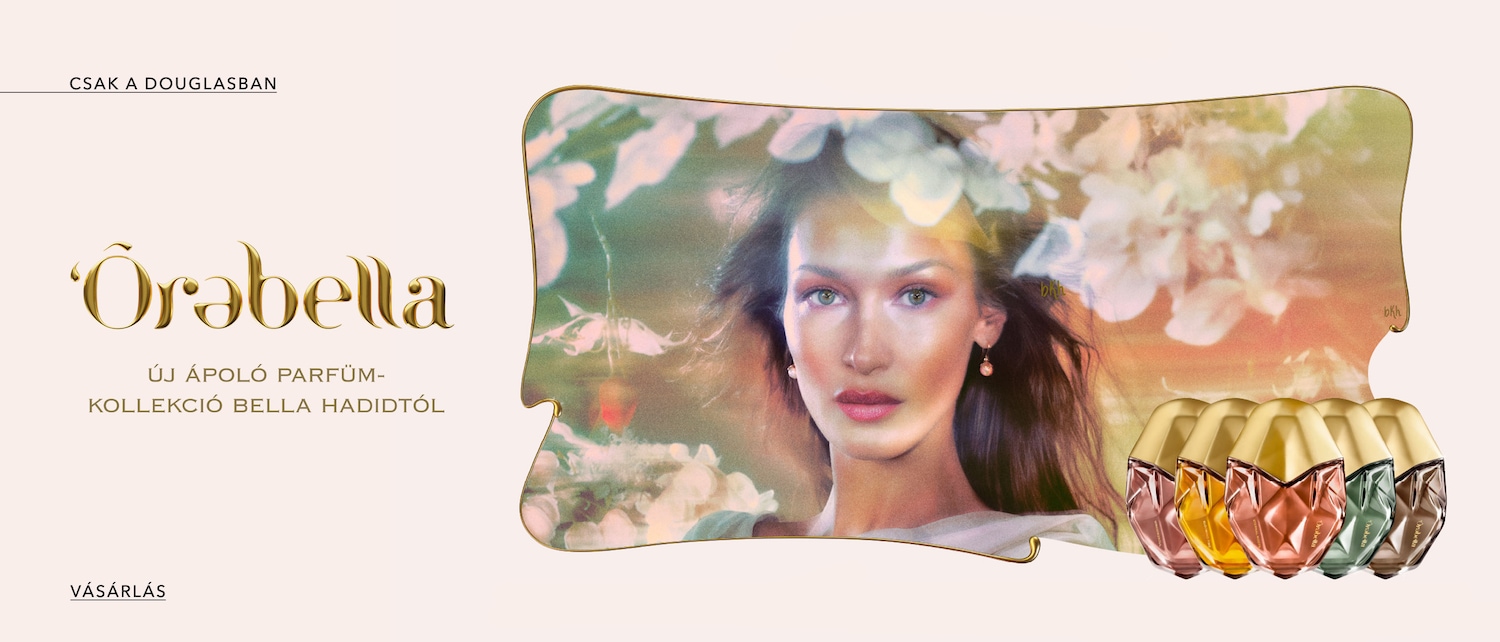 Discover Örǝbella, the new collection of nourishing perfumes by Bella Hadid, exclusively at Douglas; the image features Bella Hadid and five perfume bottles in pink, yellow, orange, green and brown.