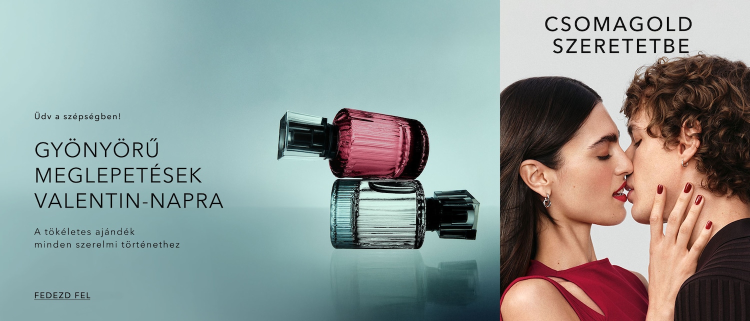 Két üveg parfüm egymásra helyezve, az egyik rózsaszín, a másik ezüst színű, mellette egy csókolózó pár látható, a Valentin napi akció keretében.