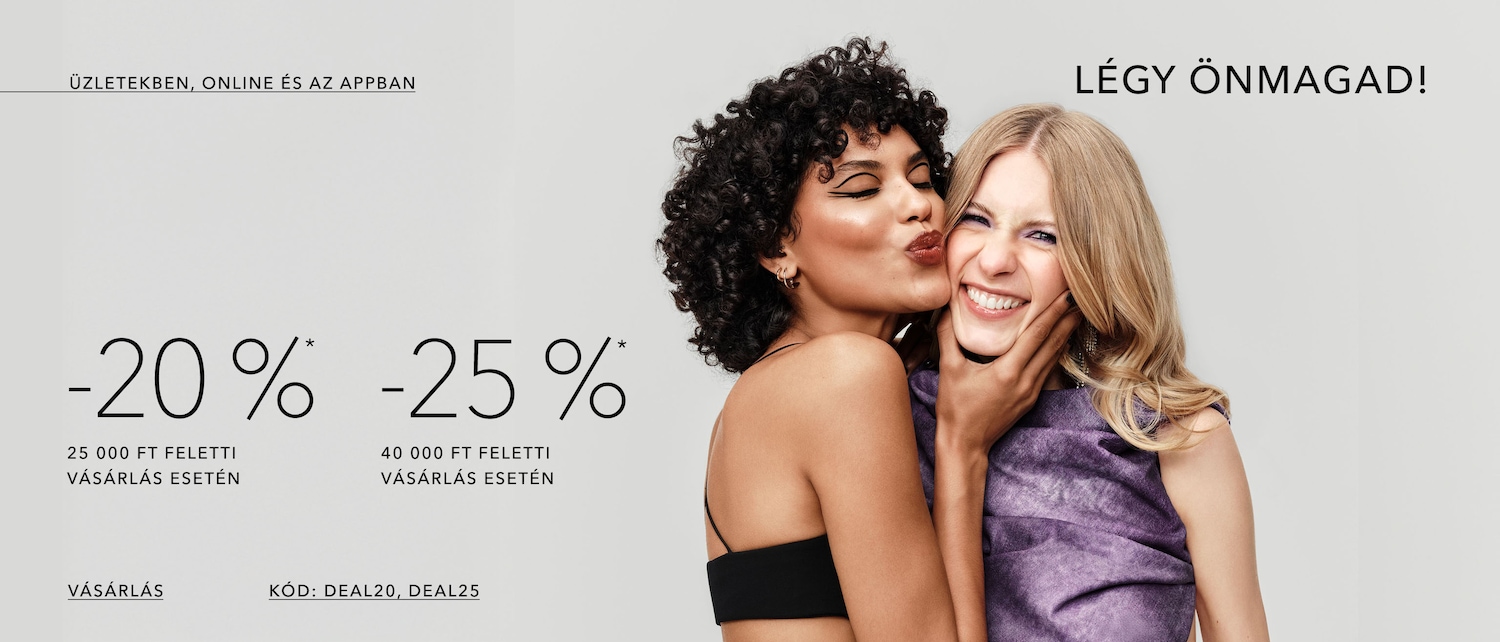 Two women are smiling, one with curly hair and winged eyeliner is kissing the other on the cheek, promotion offers -20% off for purchases over 25,000 HUF and -25% off for purchases over 40,000 HUF, use codes DEAL20 and DEAL25.