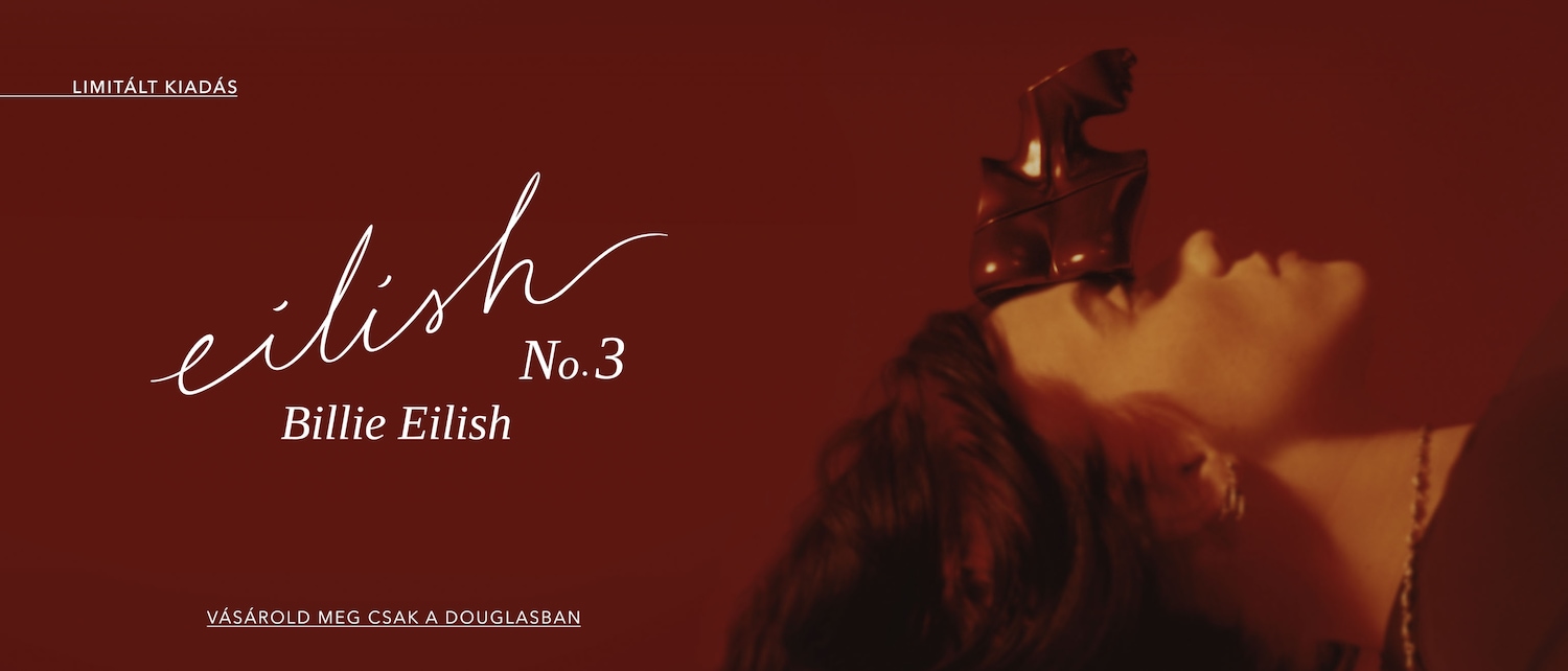 Limited edition Eilish No. 3 by Billie Eilish is presented on a dark red background, featuring a woman with a metallic headpiece, available exclusively at Douglas.