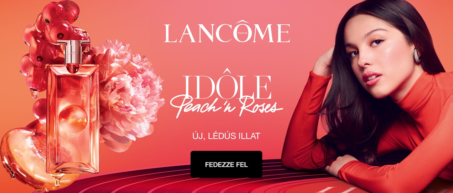 A Lancôme Idôle Peach 'n Roses parfüm üvegének, egy barackos rózsaszín virágnak és Olivia Rodrigo színésznőnek a reklámja, fedezze fel az új, lédús illatot.