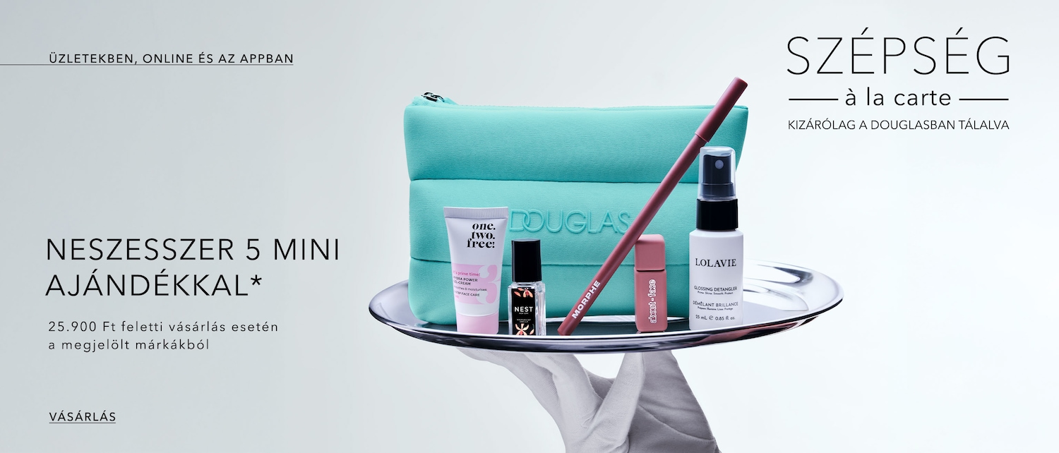 Ezüst tálcán, világoskék neszesszer, Morphe szemceruza, Lolavie hajfény, Nest parfüm, About-face folyékony szemhéjfesték és One.Two.Free! arckrém látható, 25.900 Ft feletti vásárlás esetén 5 mini ajándék jár.