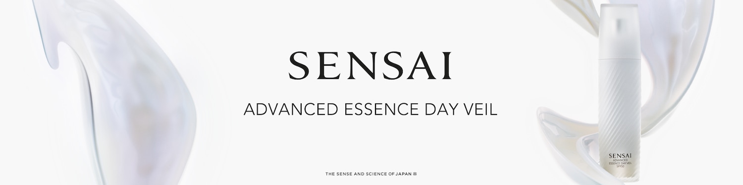 SENSAI Advanced Essence Day Veil SPF50 in a sleek, white bottle, embodying the sense and science of Japan for advanced skincare.
