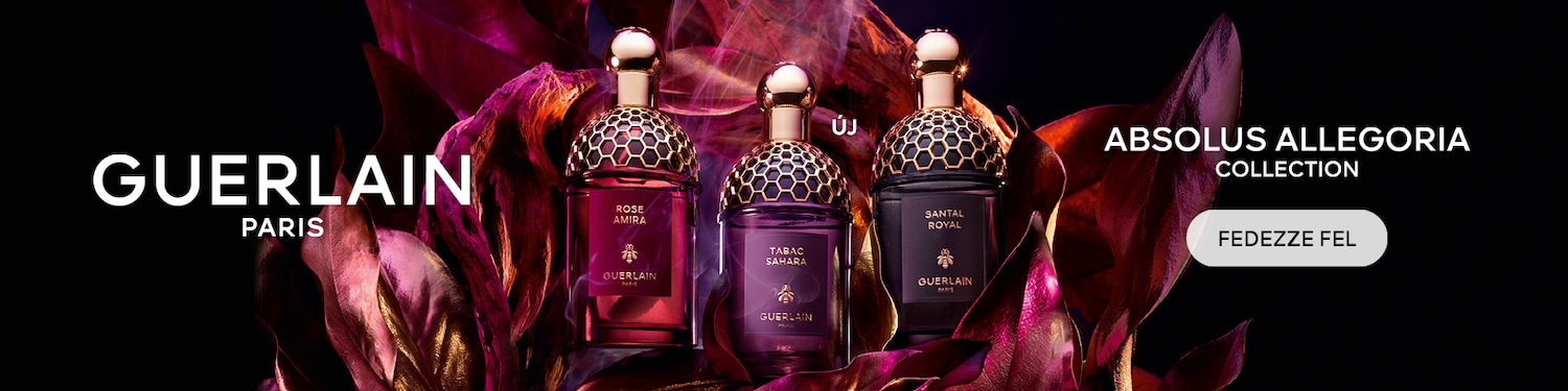 Három Guerlain parfümös üveg látható, köztük a Rose Amira, a Tabac Sahara és a Santal Royal, melyek az Absolus Allegoria kollekció részei, fedezze fel!