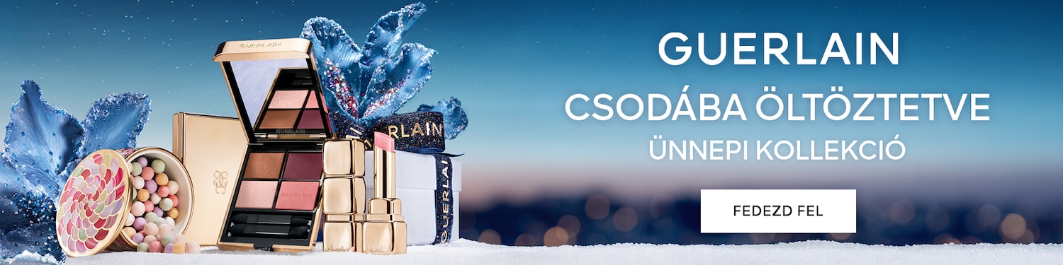 A Guerlain csodába öltöztetett ünnepi kollekciója csillogó sminktermékeket és díszes ajándékdobozokat mutat be hópelyhes háttérben, fedezd fel most!
