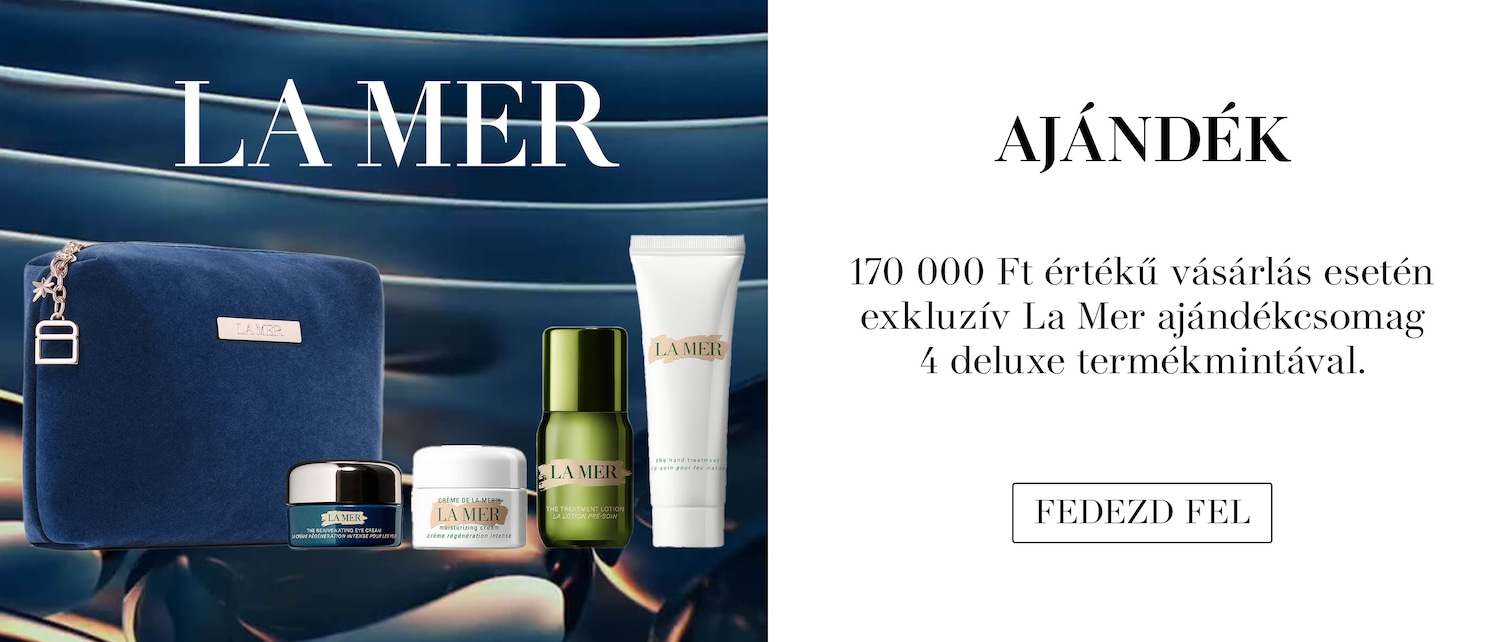 La Mer termékek kék nesszeszerrel, szemránckrémmel, hidratáló krémmel, arcápolóval és kézkrémmel, luxus ajándékcsomag 170 000 Ft feletti vásárlás esetén.