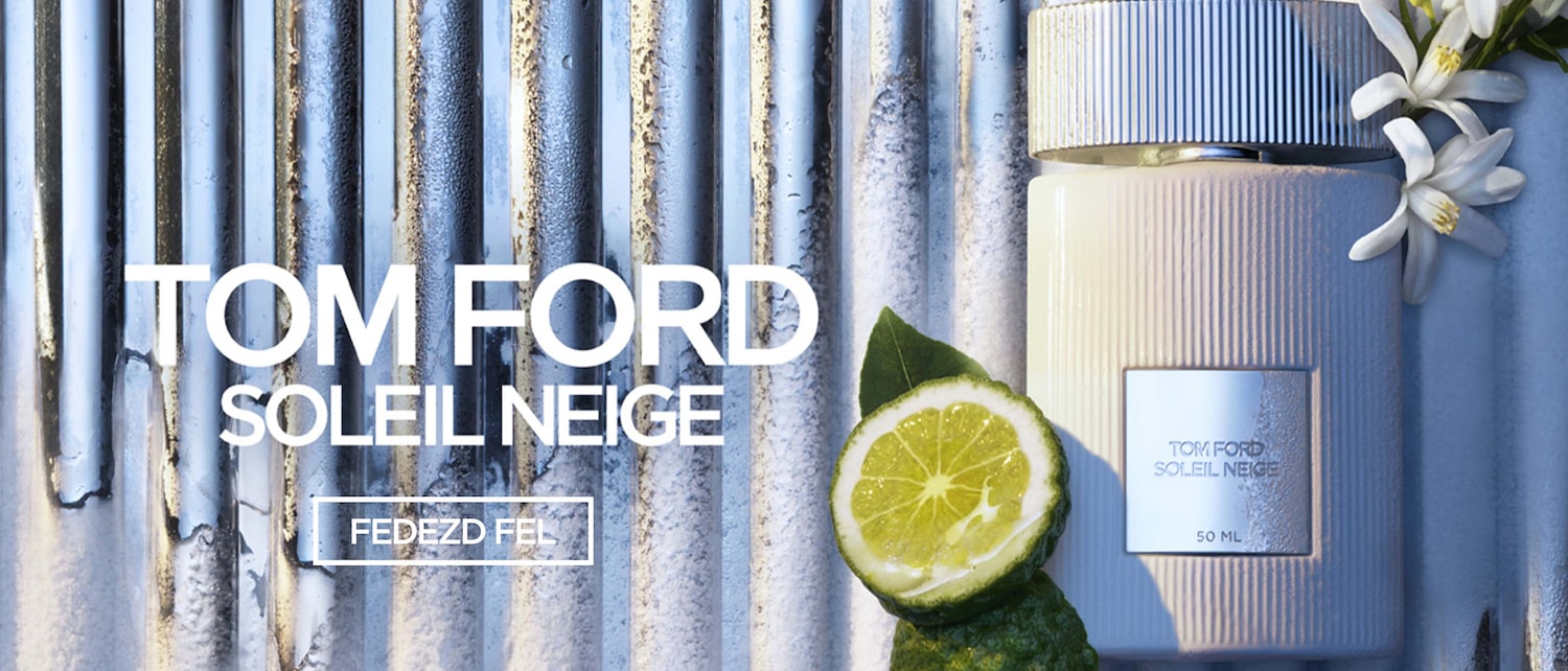 A Tom Ford Soleil Neige parfümöt ábrázolja a kép, egy félbevágott lime-mal és fehér virágokkal díszítve, a "FEDEZD FEL" felirattal.