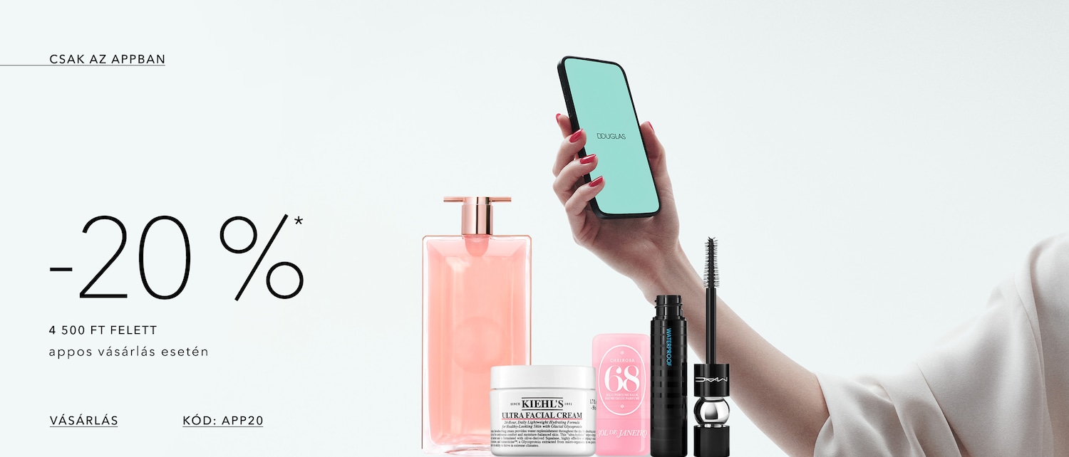 Élvezze a -20%-os kedvezményt a Douglas alkalmazásban 4500 Ft feletti vásárlás esetén, használja az APP20 kódot, és fedezze fel a Kiehl's hidratáló krémeket, a Sol de Janeiro parfümöt és a MAC szempillaspirált.