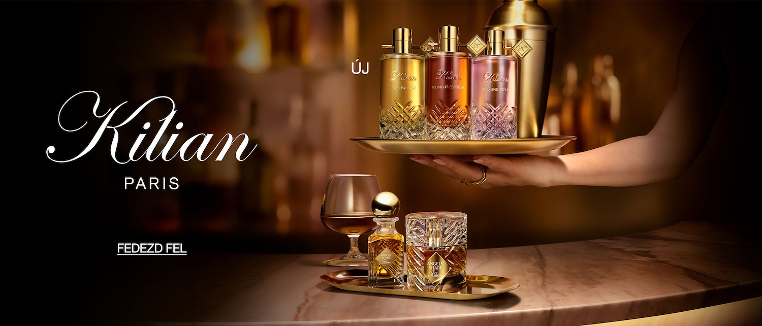 A Kilian Paris luxusparfümök kollekciója elegáns, mintás üvegekben, arany színű tálcán prezentálva. Fedezd fel a prémium illatokat!