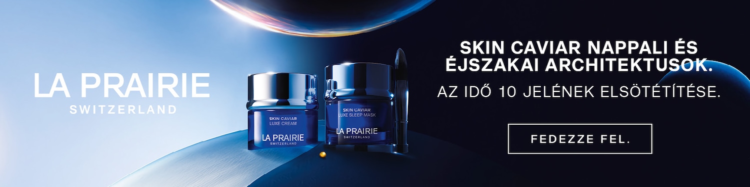 A La Prairie Skin Caviar Luxe Cream és Luxe Sleep Mask kék tégelyben, ezüstös kupakkal, a Skin Caviar nappali és éjszakai építészei, fedezze fel.