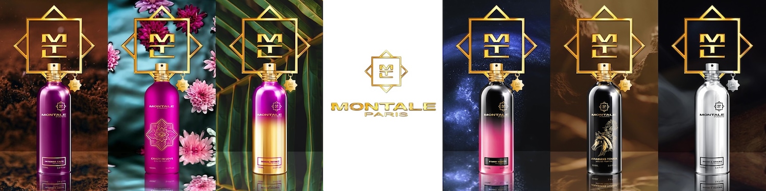 Montale Paris perfumes in colorful bottles with gold accents, including Intense Cafe, Crazy in Love, and Sensual Instinct.