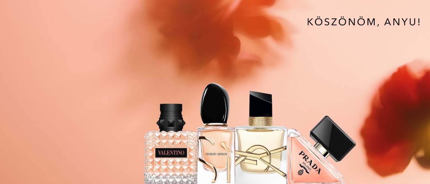 Rózsaszín háttér előtt Valentino, Giorgio Armani, YSL és Prada parfümök láthatók, a kép tetején a "KÖSZÖNÖM, ANYU!" felirat olvasható.