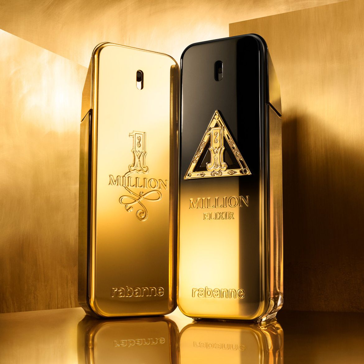 Arany színű, téglalap alakú üvegben a Paco Rabanne 1 Million és 1 Million Elixir parfümök láthatók.