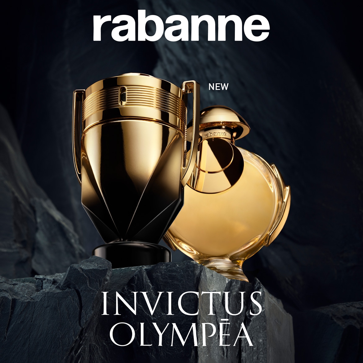 A Rabanne új Invictus és Olympéa illatai egy sziklán állnak, a férfi illat egy arany trófea, a női illat pedig egy arany gömb.