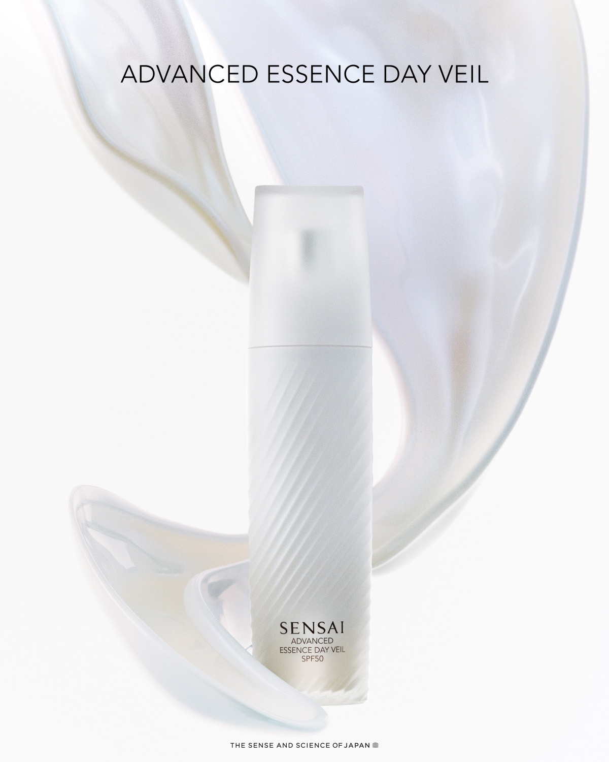 SENSAI Advanced Essence Day Veil SPF50 in a sleek white bottle, promising the sense and science of Japan for advanced skincare.