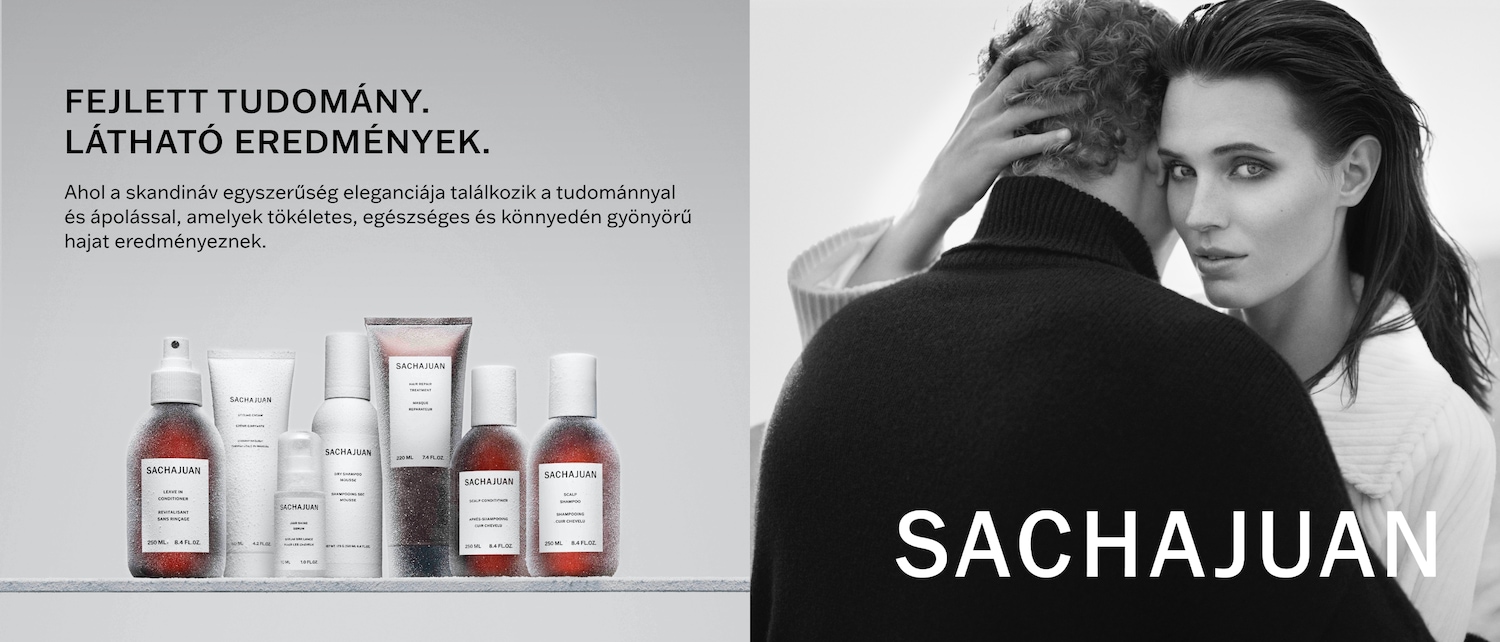 A Sachajuan termékcsalád különféle hajápoló termékei láthatók, köztük samponok, balzsamok és kezelések, amelyek a skandináv egyszerűséget a tudománnyal ötvözik a tökéletes hajért.