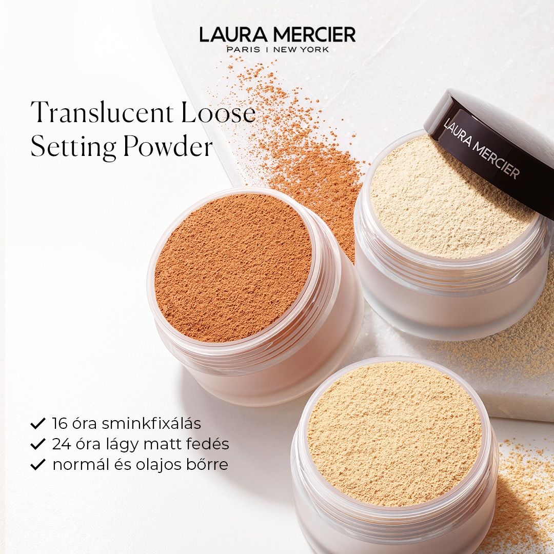 Három tégely Laura Mercier púder különböző árnyalatokban, melyek 16 órán át fixálják a sminket, 24 órán át lágy matt fedést biztosítanak, normál és olajos bőrre.