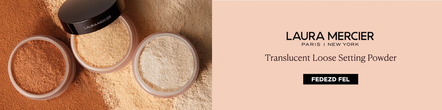A Laura Mercier Translucent Loose Setting Powder púder különböző árnyalatokban, a világos bézstől a mély bronzig, finom textúrájú, átlátszó tégelyekben.