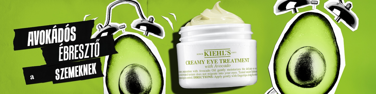 Kiehl's Creamy Eye Treatment with Avocado, amely gyengéden hidratálja a szem környékét, a zöld háttér előtt, ébresztőóra és avokádó illusztrációval.